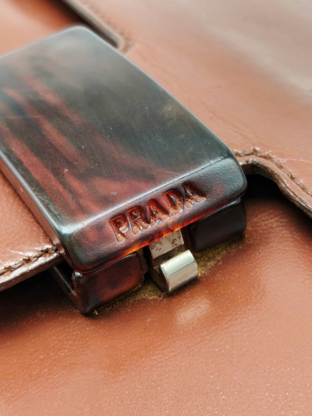 Vintage Prada Brown Leather Shoulder Bag Flap Clasp Logo Purse - Picture 12 of 14